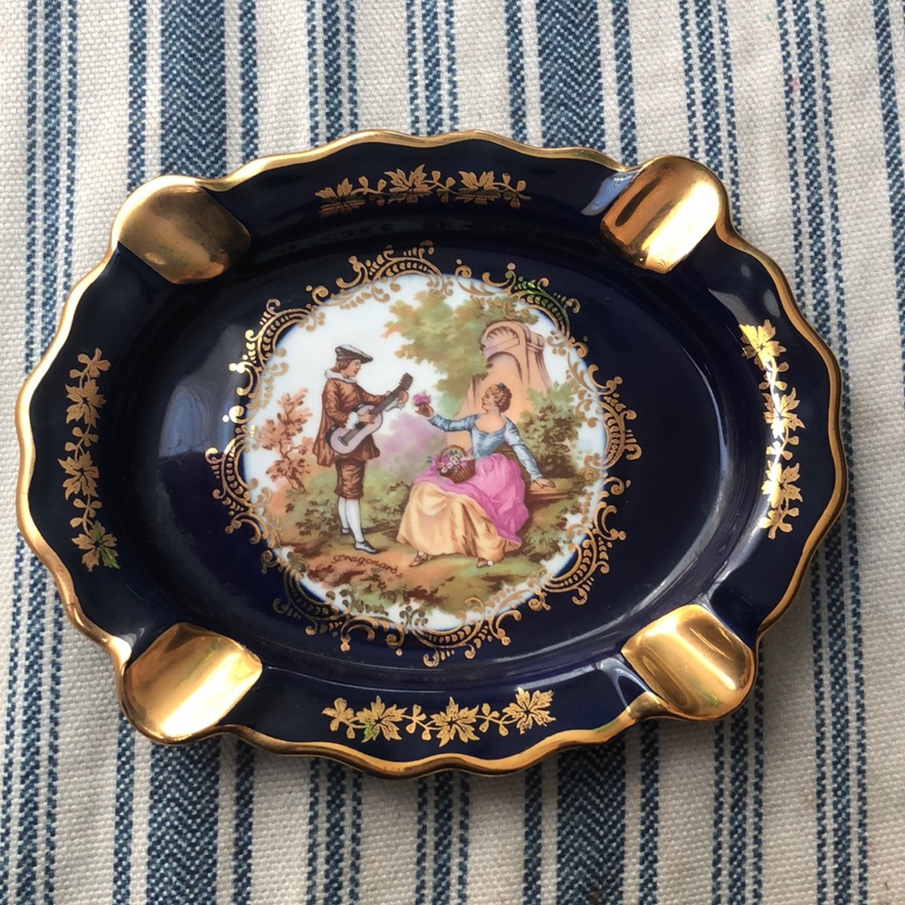 Vintage Limoges Cobalt Blue Oblong Ash Tray 6in